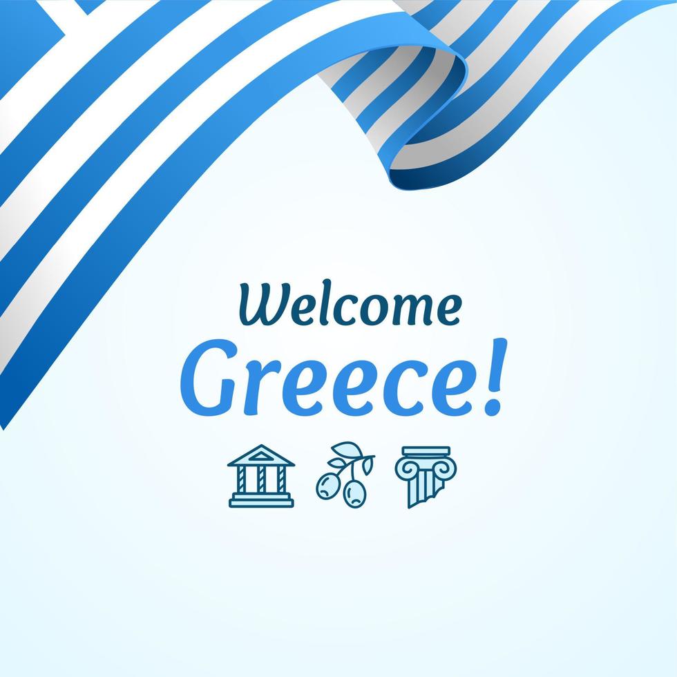 tarjeta de banner de concepto de bienvenida a grecia con bandera detallada 3d realista. vector