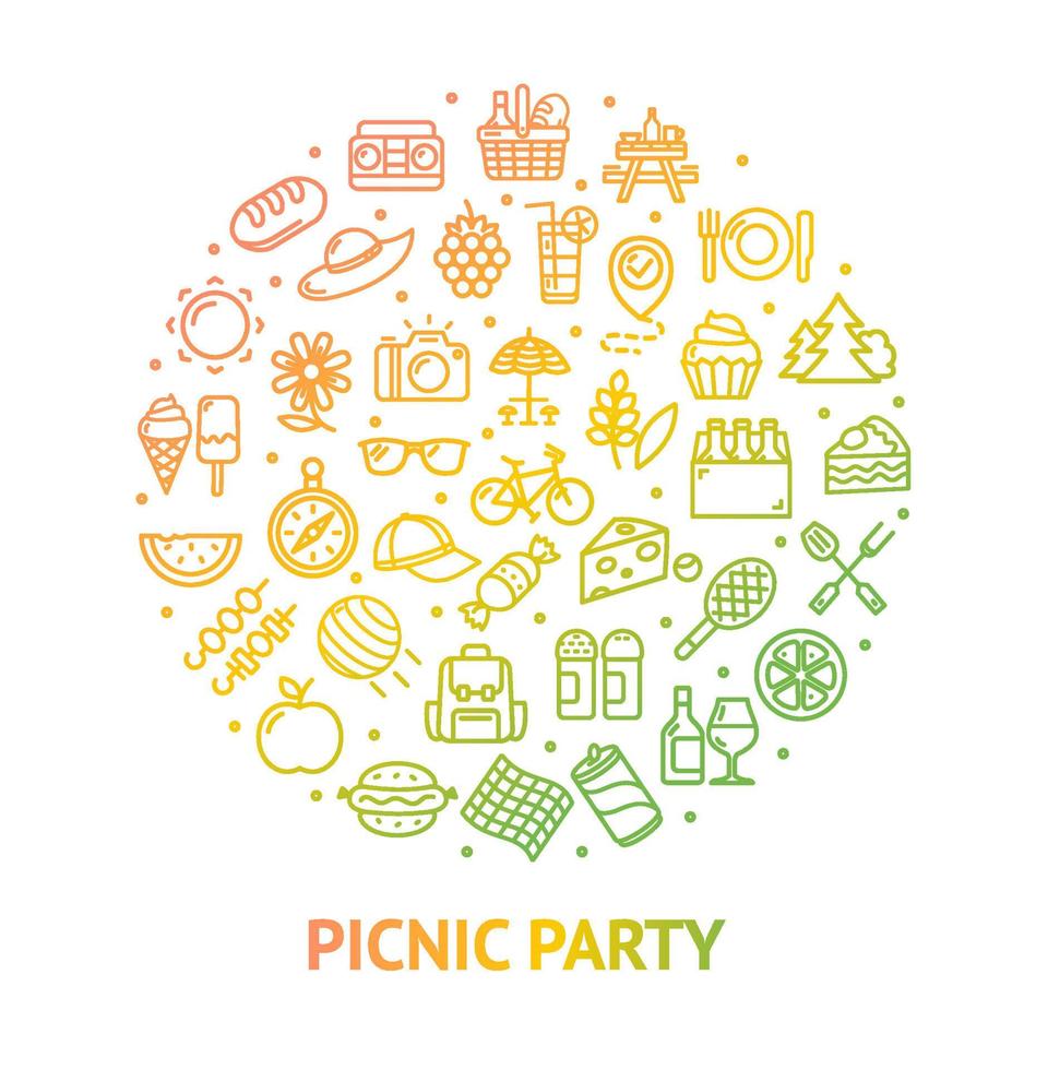 Picnic Party Banner Round Design Template Thin Line Icon Concept. Vector