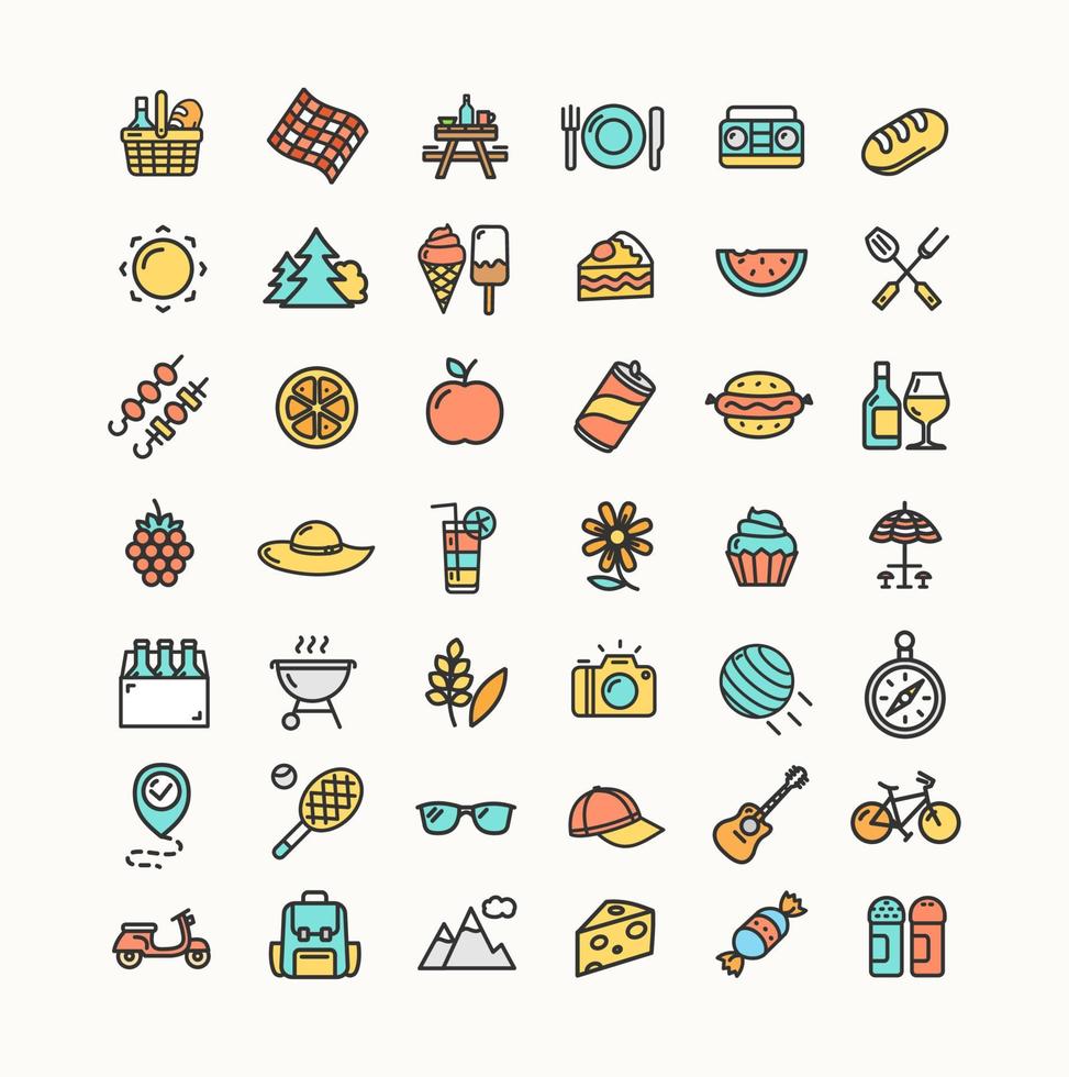 Picnic Color Thin Line Icon Set. Vector