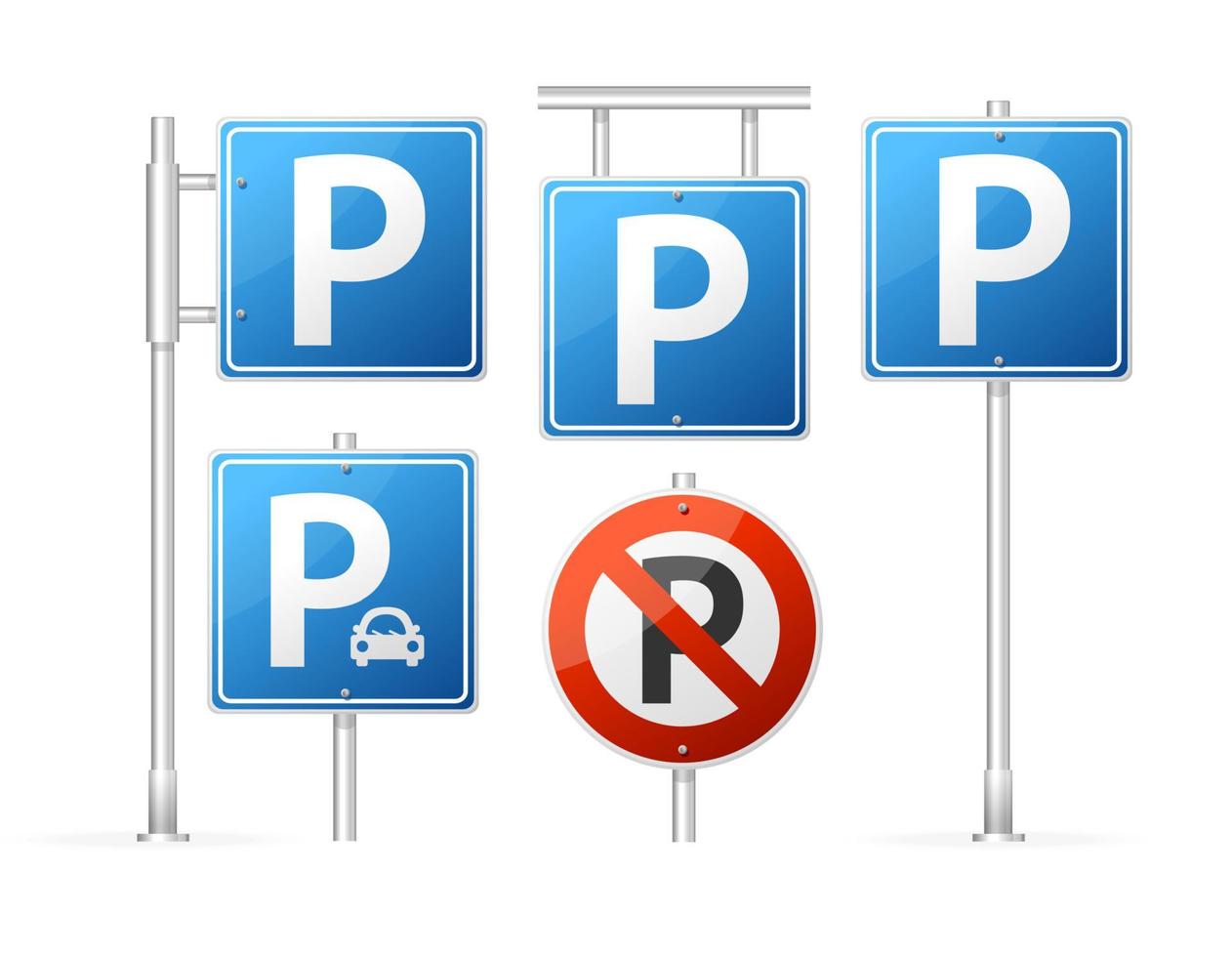 Realistic Detailed 3d Parking Road Sign Set. Vector