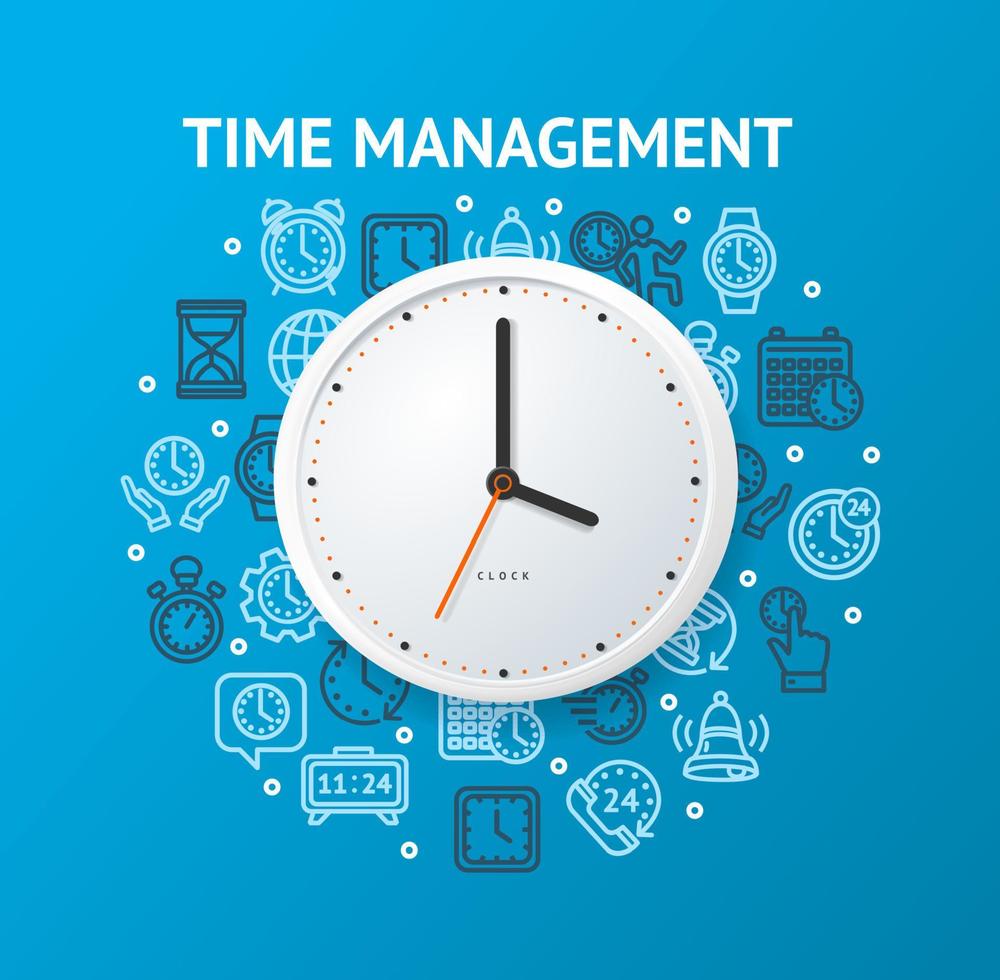 Time Management Concept with Realistic Detailed 3d Wall Clock. Vector