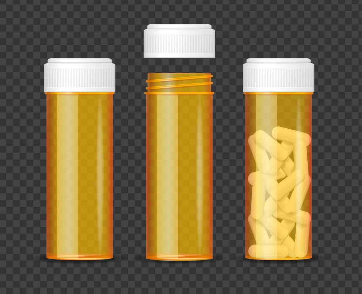 botella de pastillas de naranja 3d detallada realista vacía y juego completo. vector