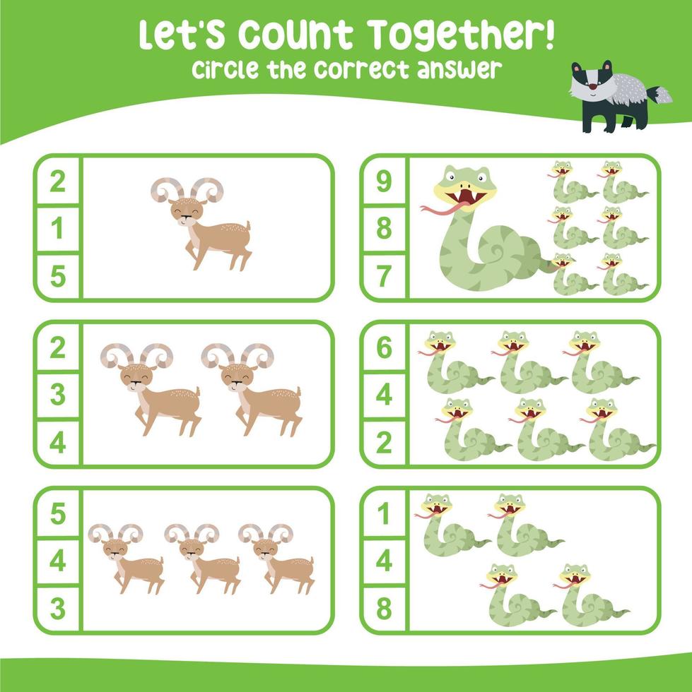 Lets count together worksheet. Educational printable math worksheet. Math game for children. Vector illustration.