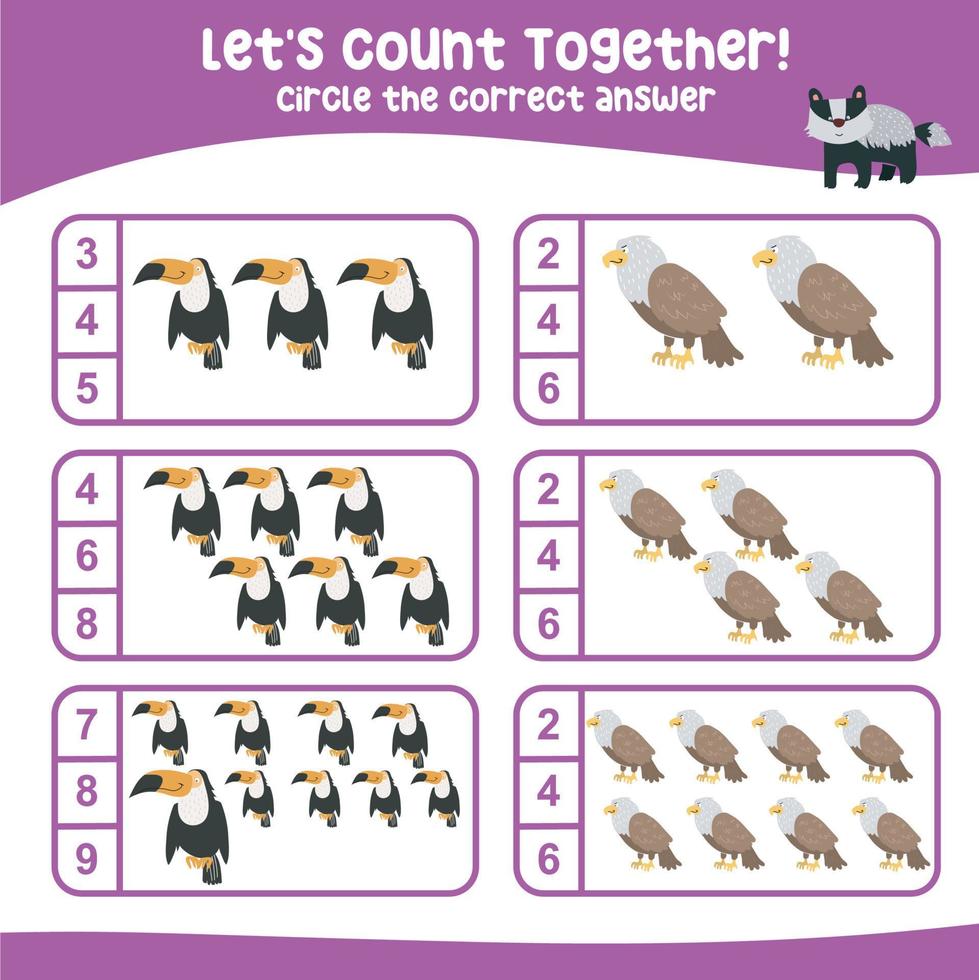 Lets count together worksheet. Educational printable math worksheet. Math game for children. Vector illustration.