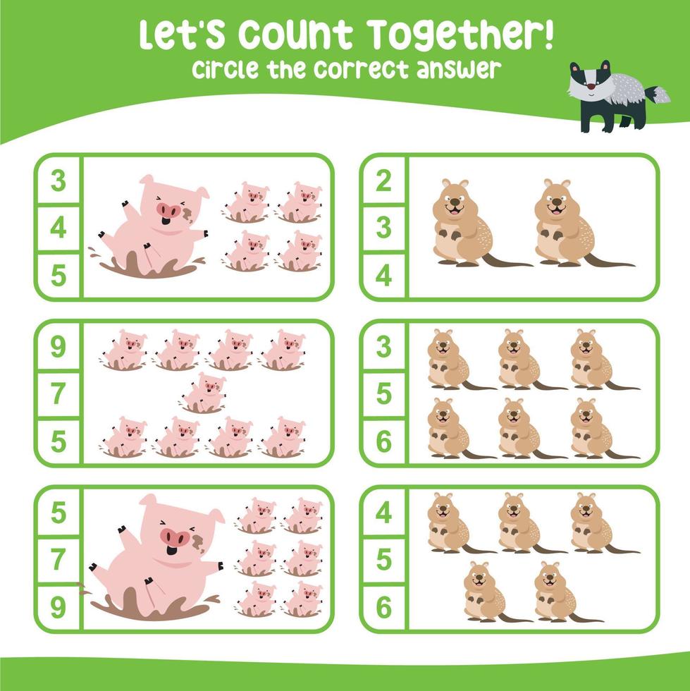 Lets count together worksheet. Educational printable math worksheet. Math game for children. Vector illustration.