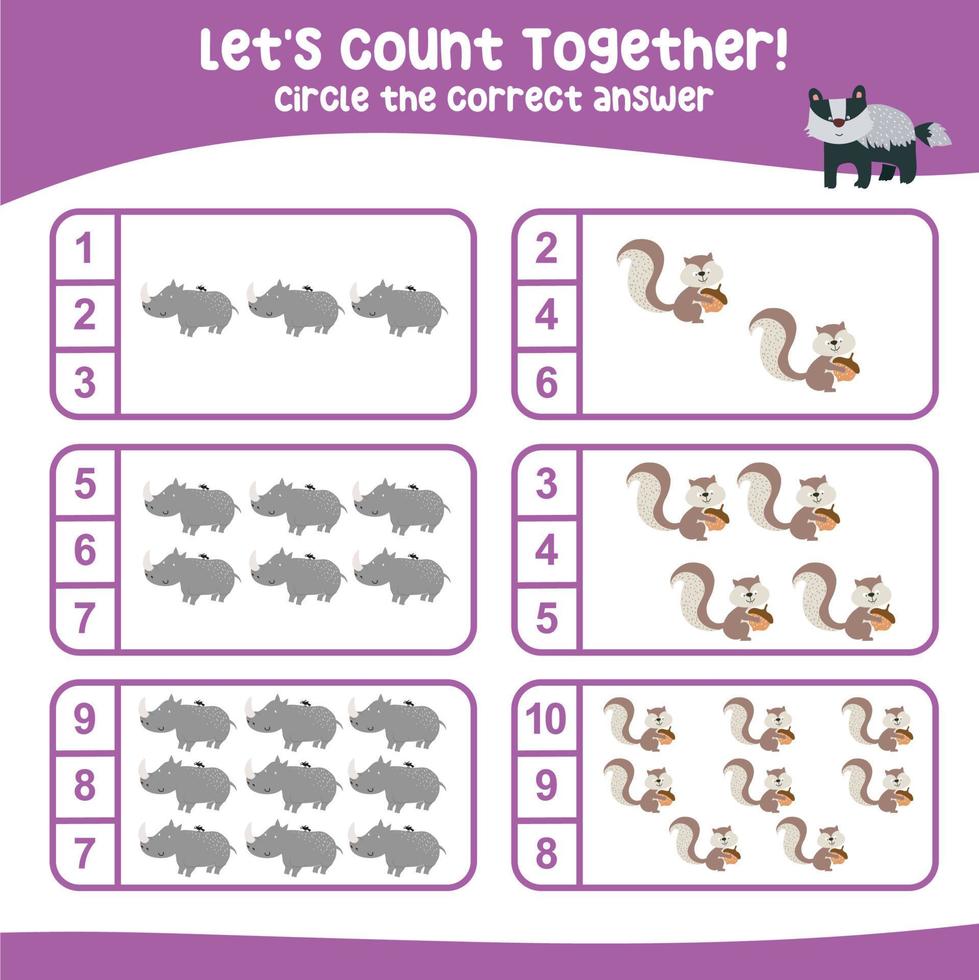 Lets count together worksheet. Educational printable math worksheet. Math game for children. Vector illustration.