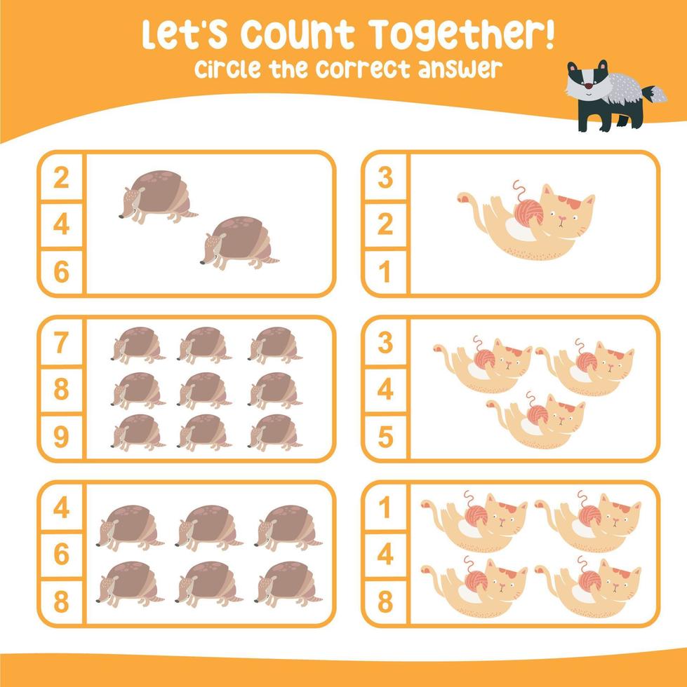 Lets count together worksheet. Educational printable math worksheet. Math game for children. Vector illustration.