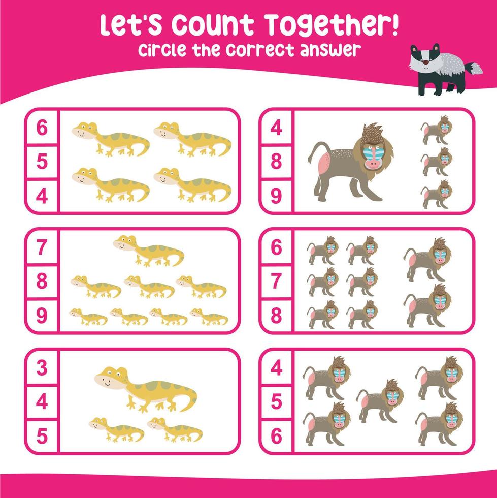 Lets count together worksheet. Educational printable math worksheet. Math game for children. Vector illustration.