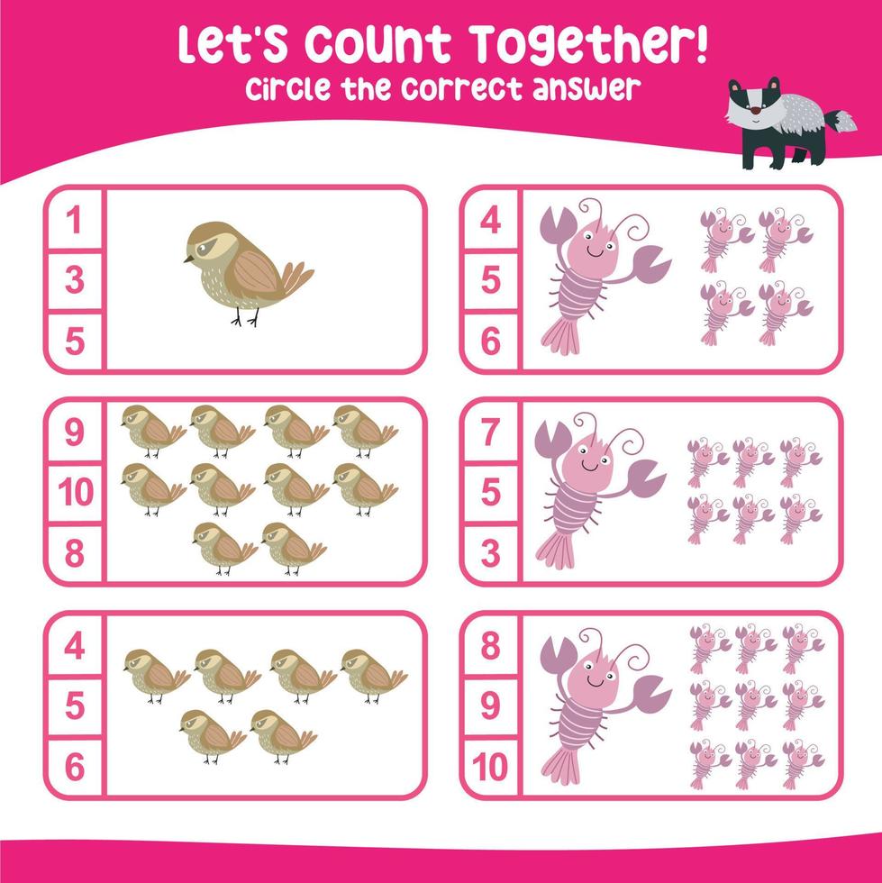Lets count together worksheet. Educational printable math worksheet. Math game for children. Vector illustration.