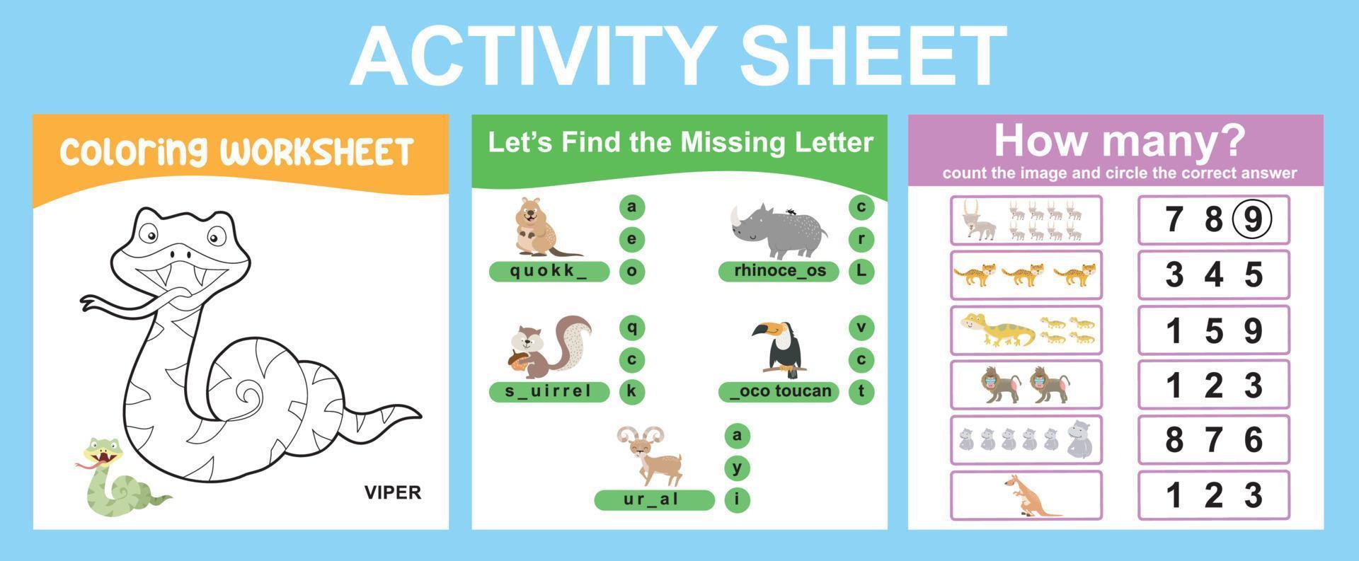 Educational printable worksheet. Activity sheet for children with animal theme. Coloring sheet, find the missing letter, counting how many worksheet. Vector file.