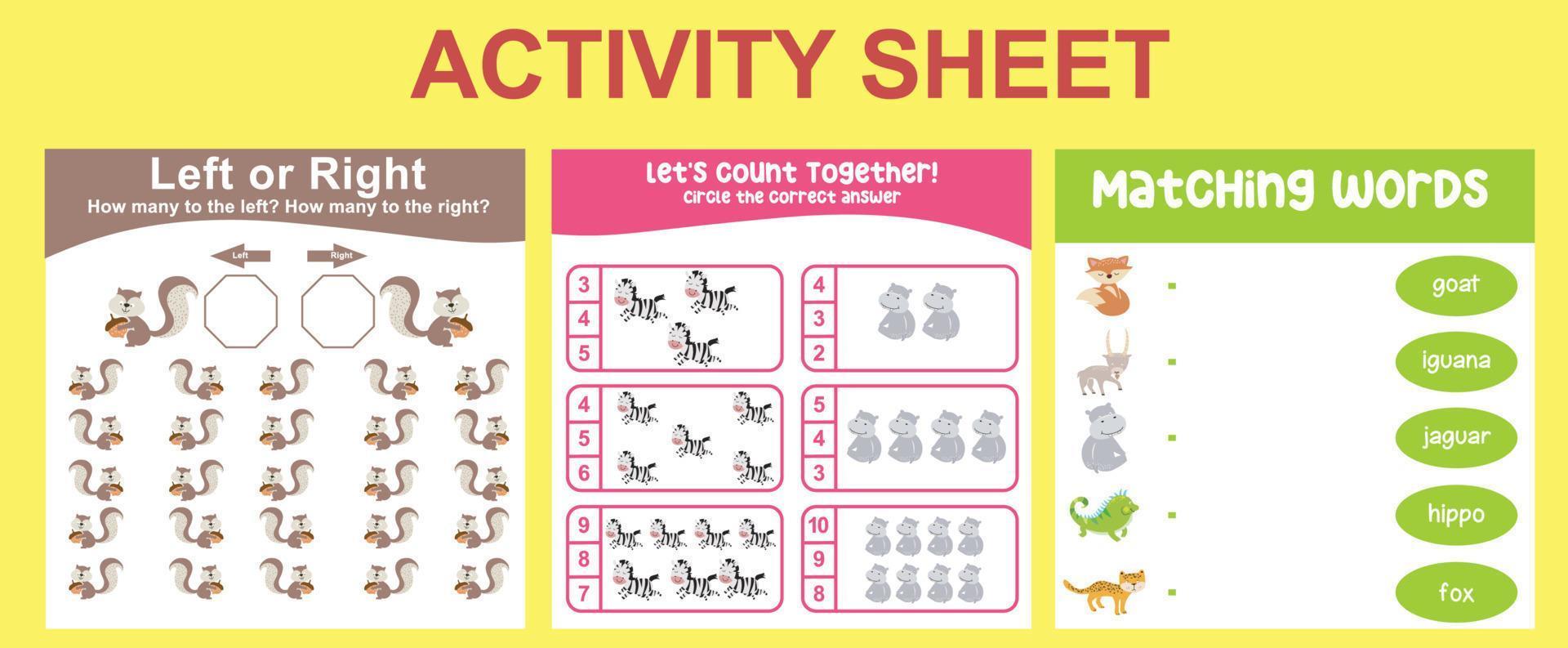 Educational printable worksheet. Activity sheet for children with animal theme. Counting left or right, counting worksheet, matching words worksheet. Vector file.