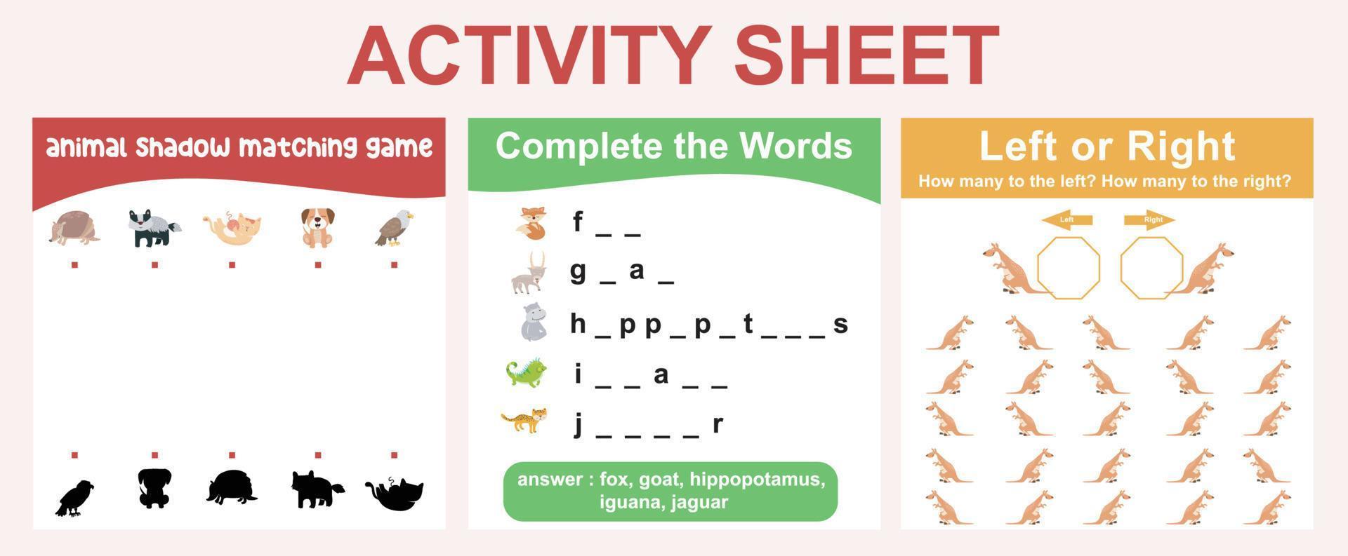 Educational printable worksheet. Activity sheet for children with animal theme. Shadow matching game, complete the words, counting left or right worksheet. Vector file.