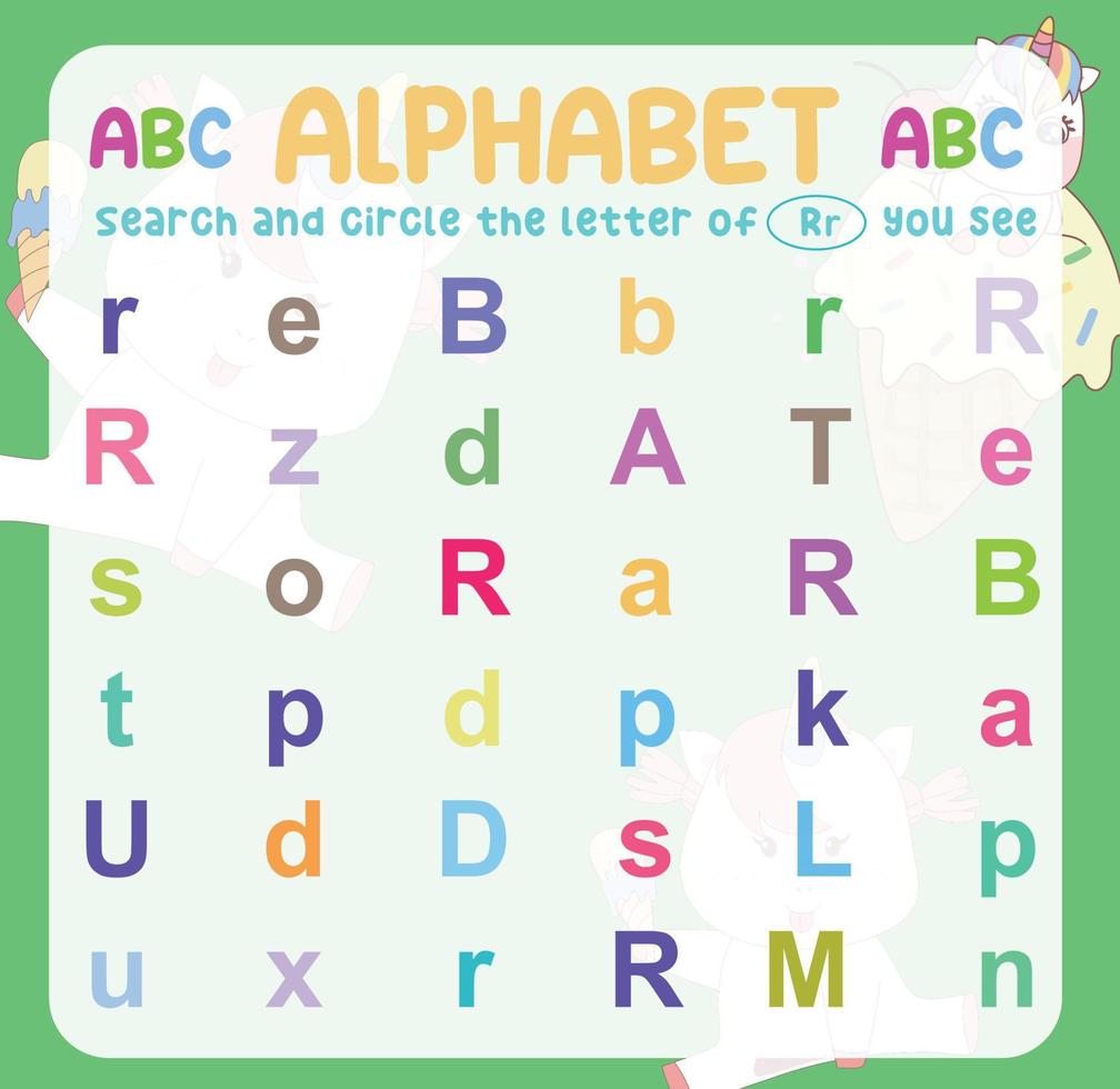 Search and circle the uppercase and lowercase letter on the worksheet. Exercise for children to recognize the alphabet. Educational sheet for preschool. Vector file.