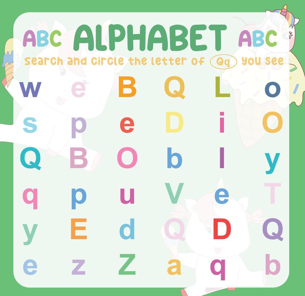 Search and circle the uppercase and lowercase letter on the worksheet. Exercise for children to recognize the alphabet. Educational sheet for preschool. Vector file.