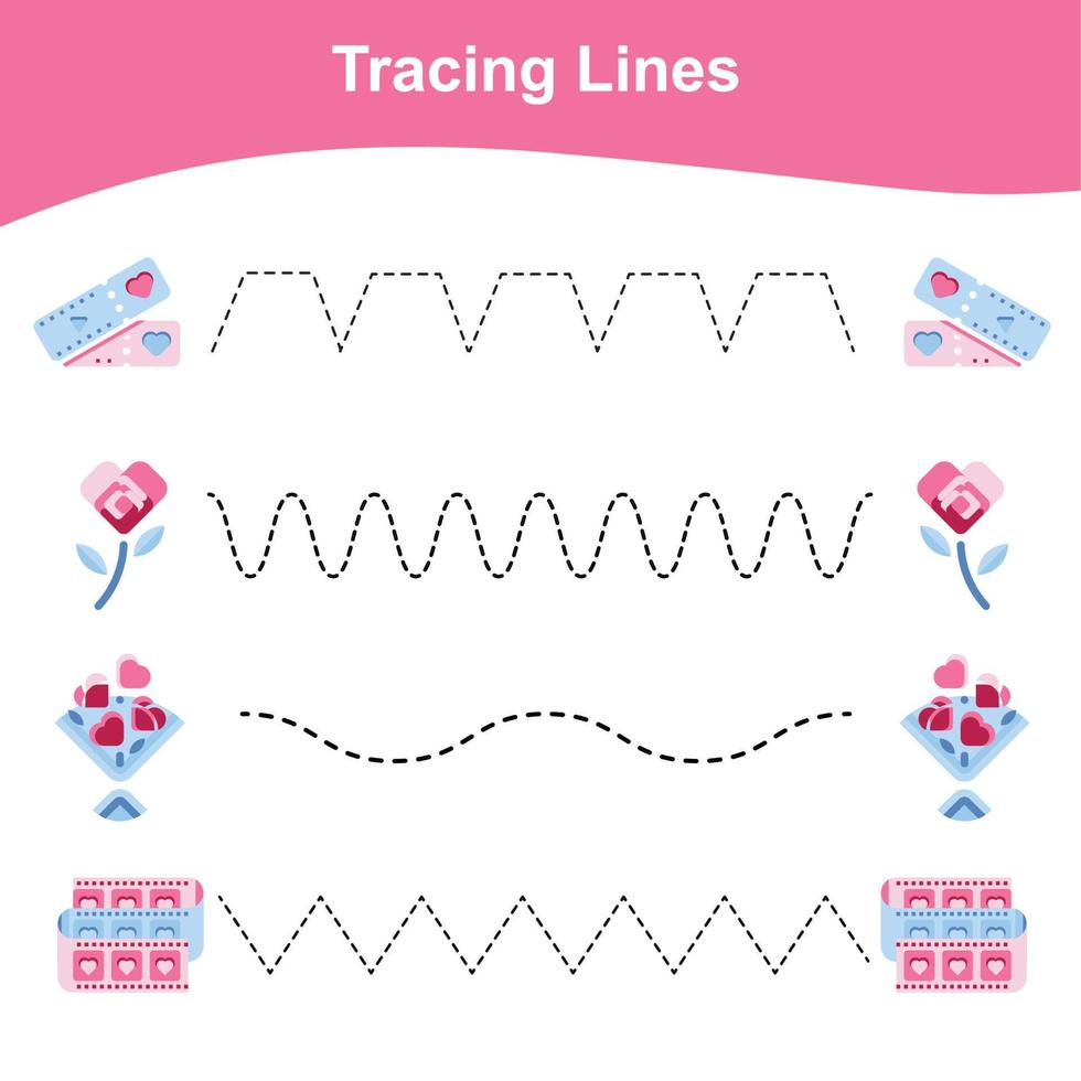 Tracing Lines Game Valentine Edition. Educational worksheet. Worksheet activity for preschool kids. Preschool Education. Vector illustration.