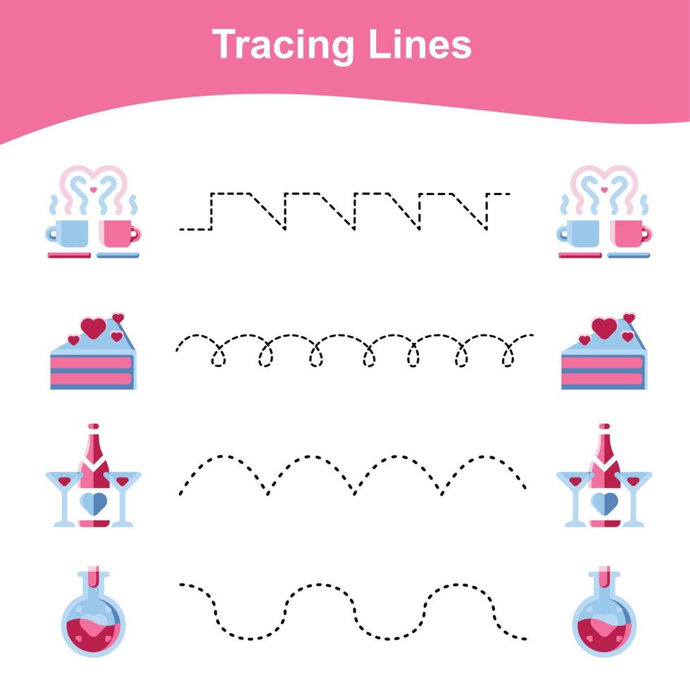 Tracing Lines Game Valentine Edition. Educational worksheet. Worksheet activity for preschool kids. Preschool Education. Vector illustration.