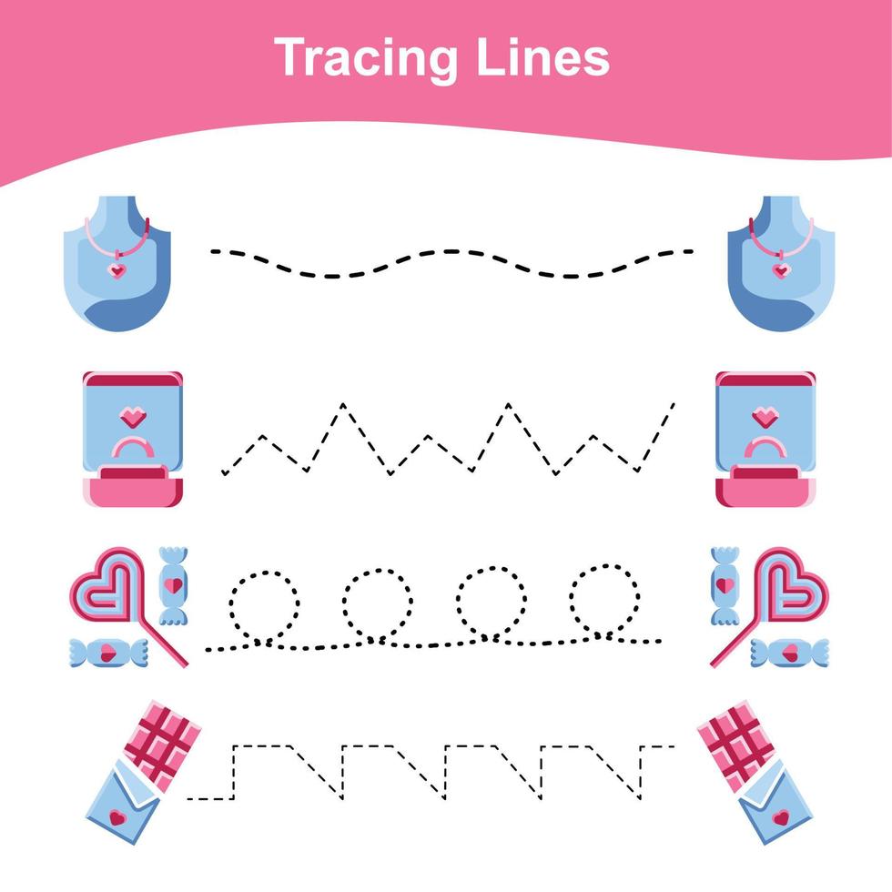 Tracing Lines Game Valentine Edition. Educational worksheet. Worksheet activity for preschool kids. Preschool Education. Vector illustration.