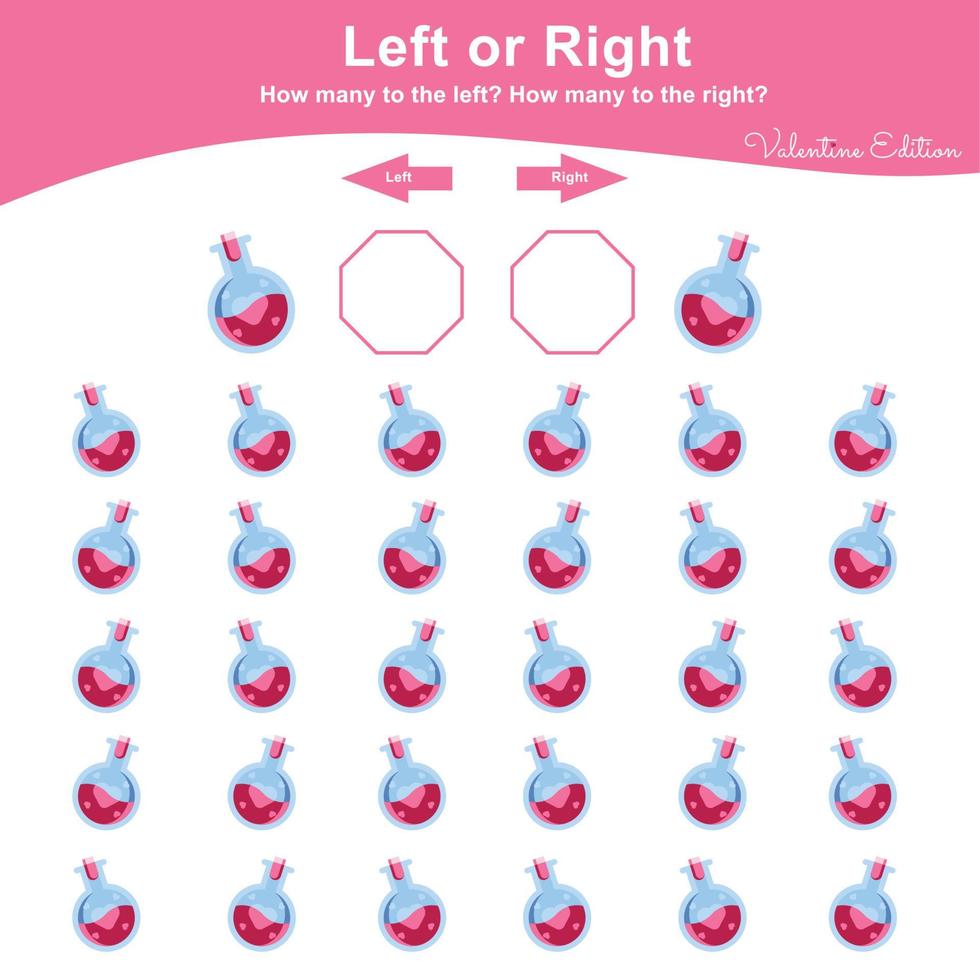 Left or Right Game for Preschool Children. Valentine Worksheet activity for kids. Education math printable worksheet to counting how many are left and right. Vector illustration.