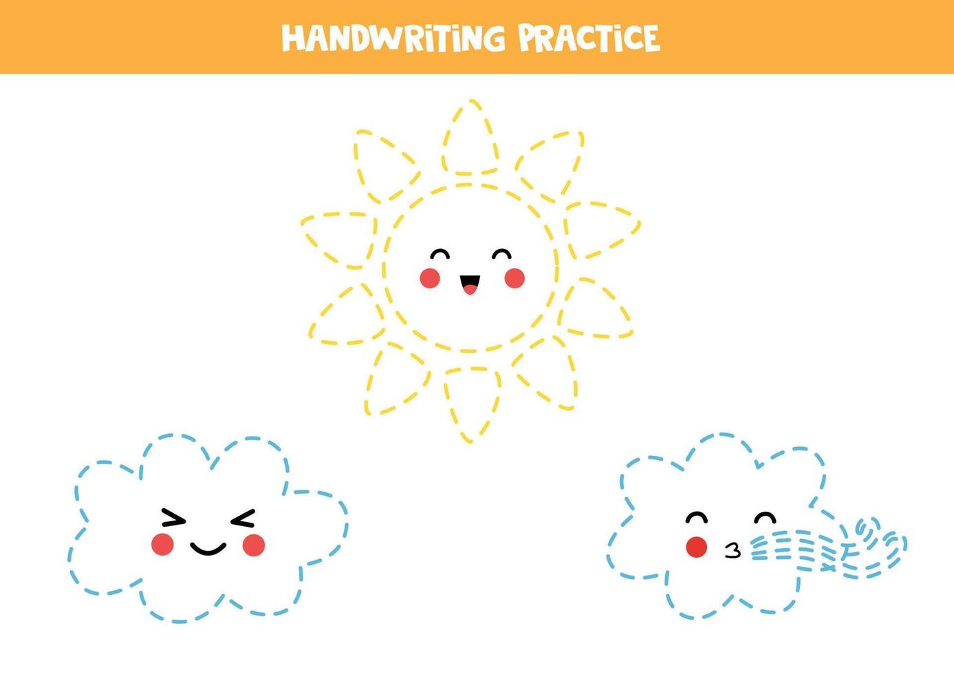 Tracing lines for kids. Cute sun and clouds. Writing practice. vector