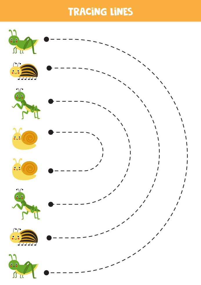 trazando líneas para niños. lindos insectos sonrientes para niños. vector