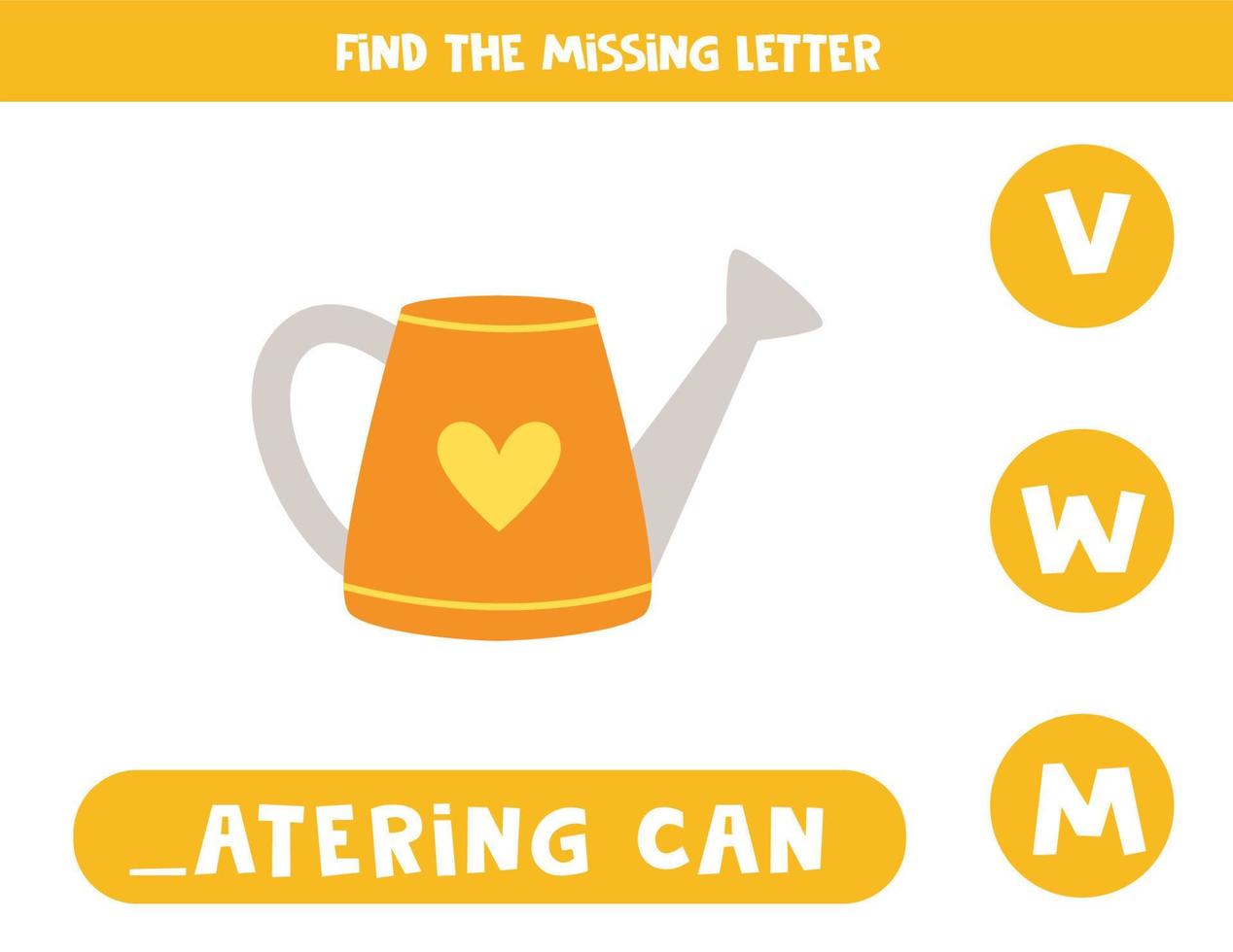 Find missing letter with carton watering can. Spelling worksheet. vector