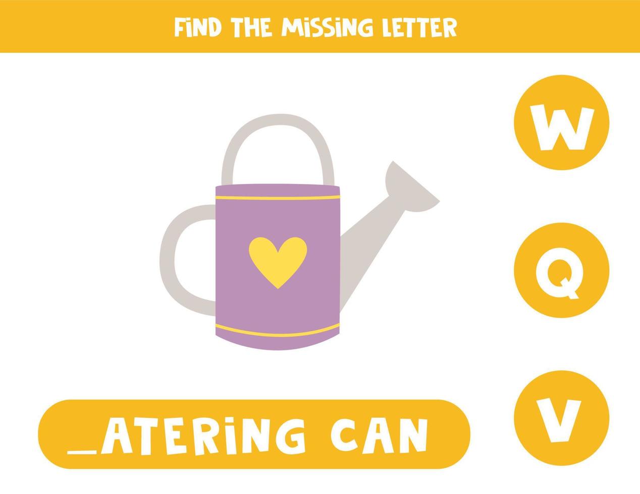 Find missing letter with carton watering can. Spelling worksheet. vector