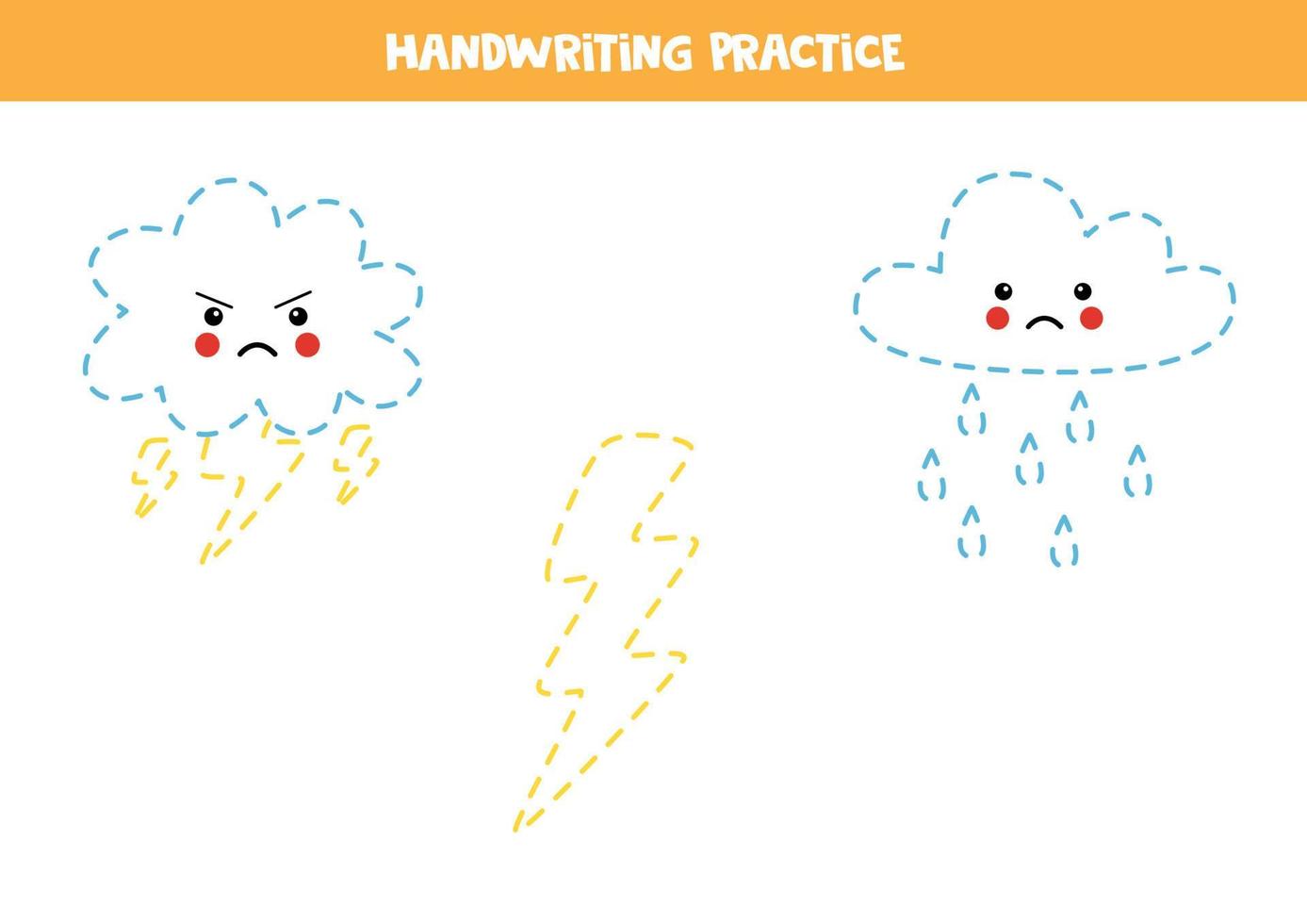 Tracing lines for kids. Cute lightning and clouds. Writing practice. vector