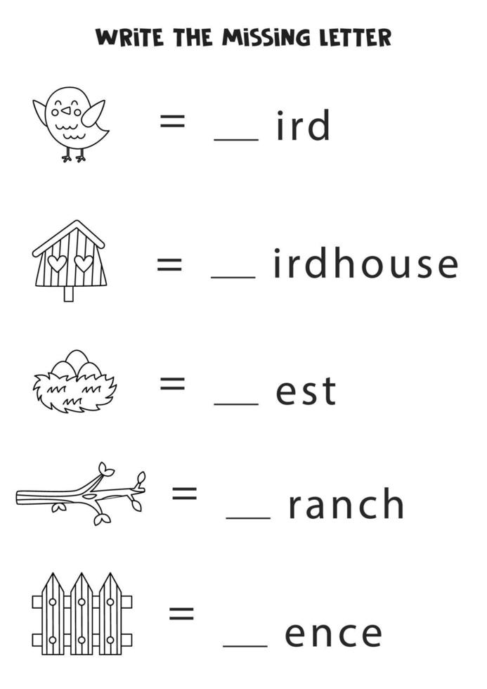 Worksheet for kids. Write the missing letter. Spring worksheet. vector