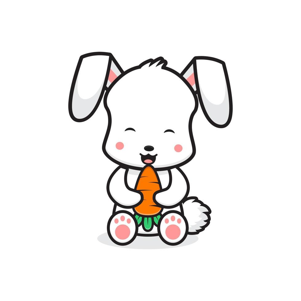 lindo conejo sentarse sosteniendo zanahoria icono de dibujos animados ilustración vector