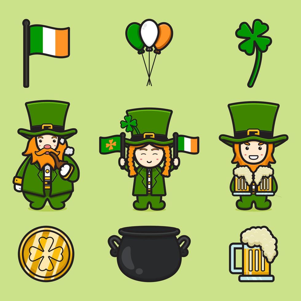 Set collection of leprechaun saint patrick day clip art character cartoon vector icon illustration. Saint Patrick's Day icon concept isolated vector. Flat cartoon style