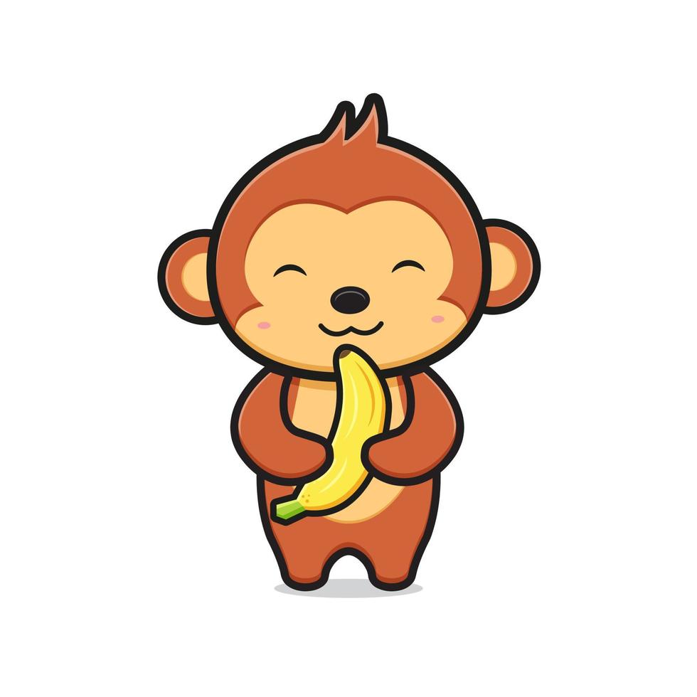 Cute monkey holding banana cartoon icon illustration vector