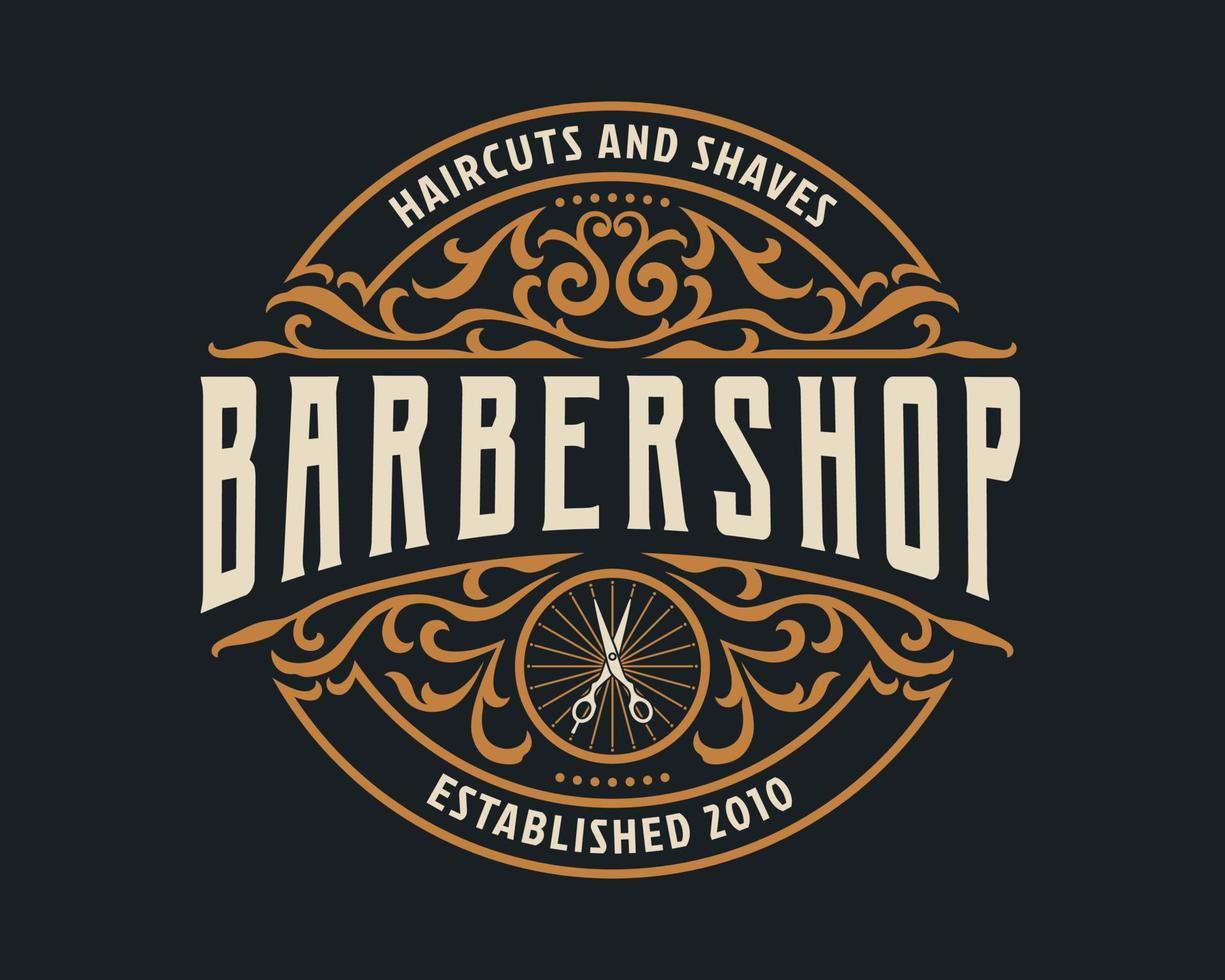 insignia de logotipo de marco de lujo vintage de barbería con adorno victoriano floreciente vector