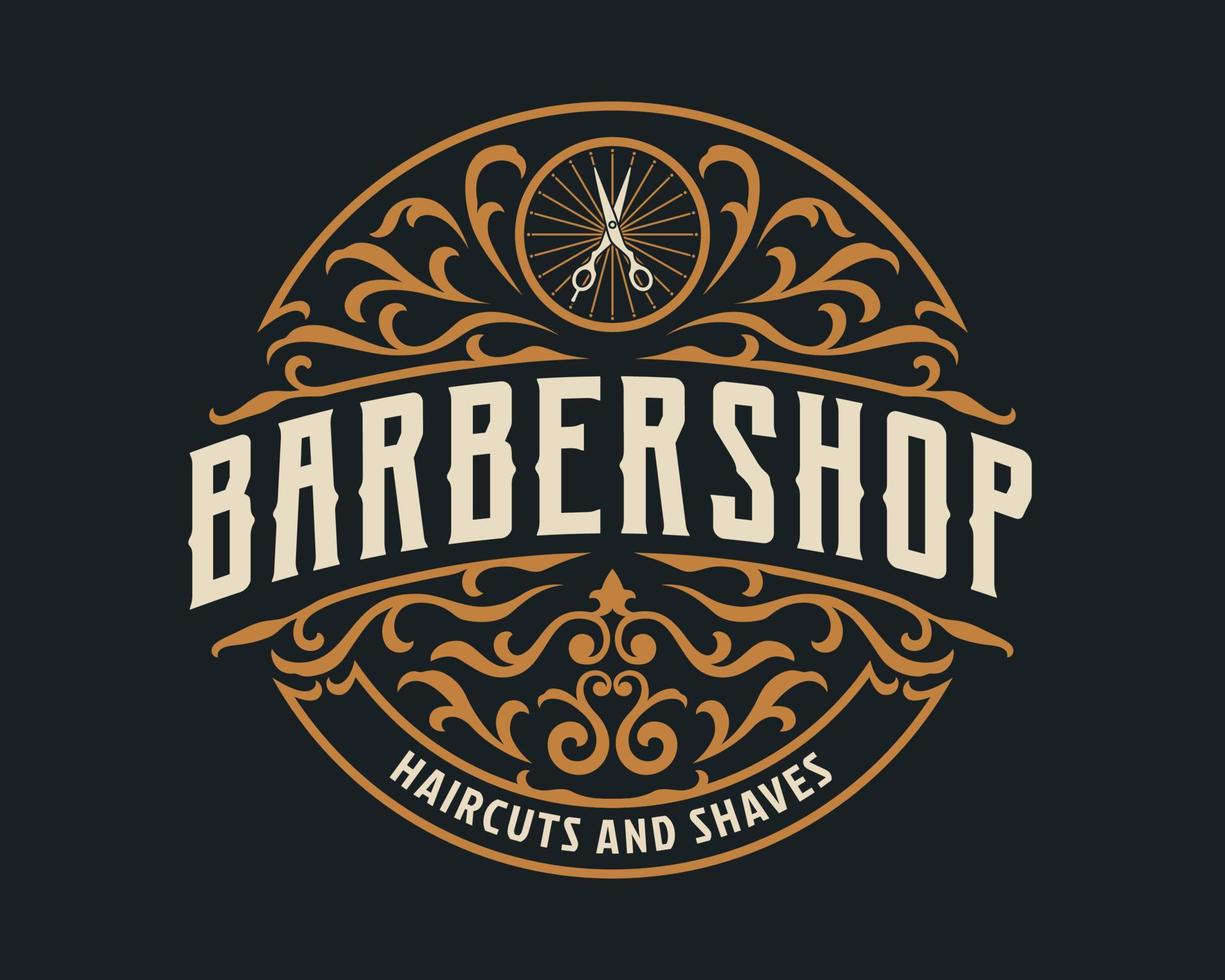 Barbershop vintage Luxury frame Logo Badge with flourish Victorian Ornament vector