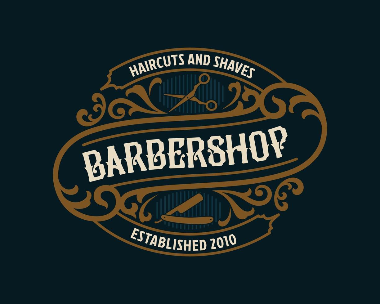 insignia de logotipo de marco de lujo vintage de barbería con adorno victoriano floreciente vector