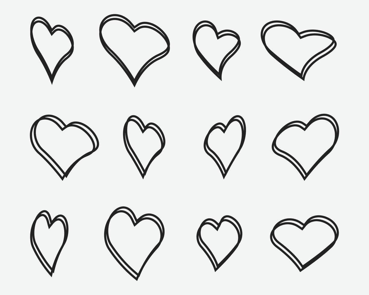 garabato amor corazón. Corazones esbozados dibujados a mano adorables, elementos de dibujo en forma de corazón de San Valentín de doodle para tarjetas de felicitación y conjunto de iconos aislados de vector de diseño de San Valentín. paquete de amor incompleto