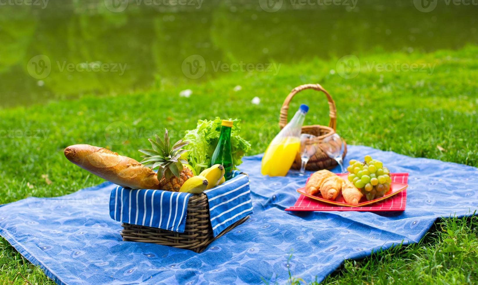 cesta de picnic con frutas, pan y botella de vino blanco. foto