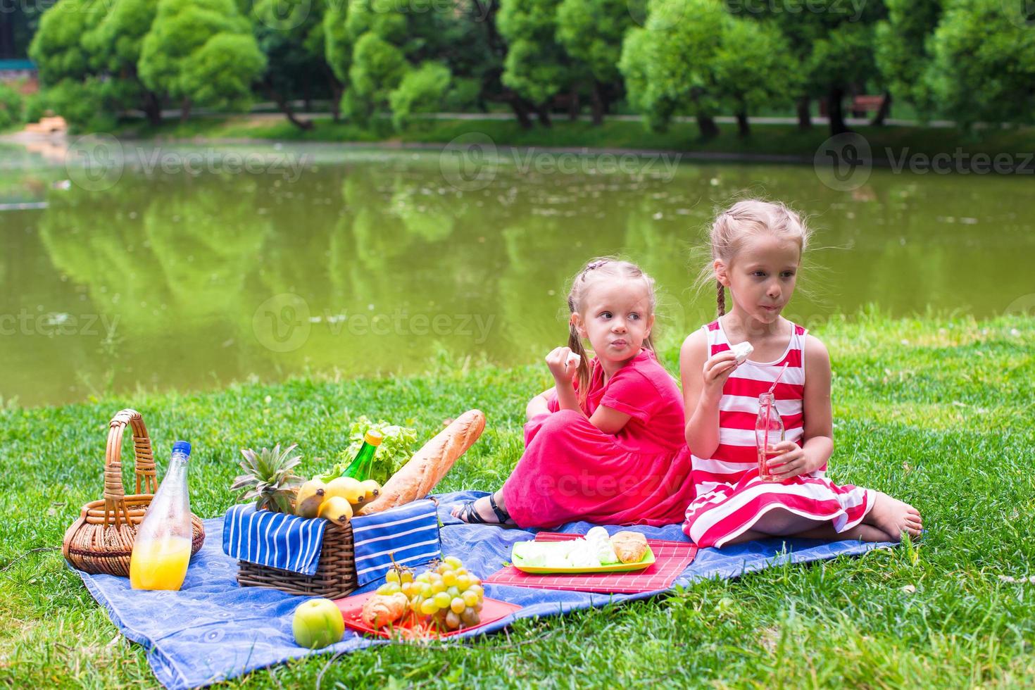 Adorable little girls picnicing in the park at sunny day photo