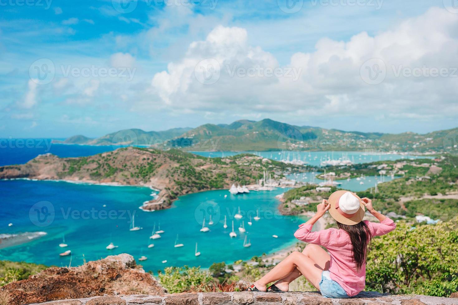 View of English Harbor from Shirley Heights, Antigua, paradise bay at tropical island in the Caribbean Sea photo