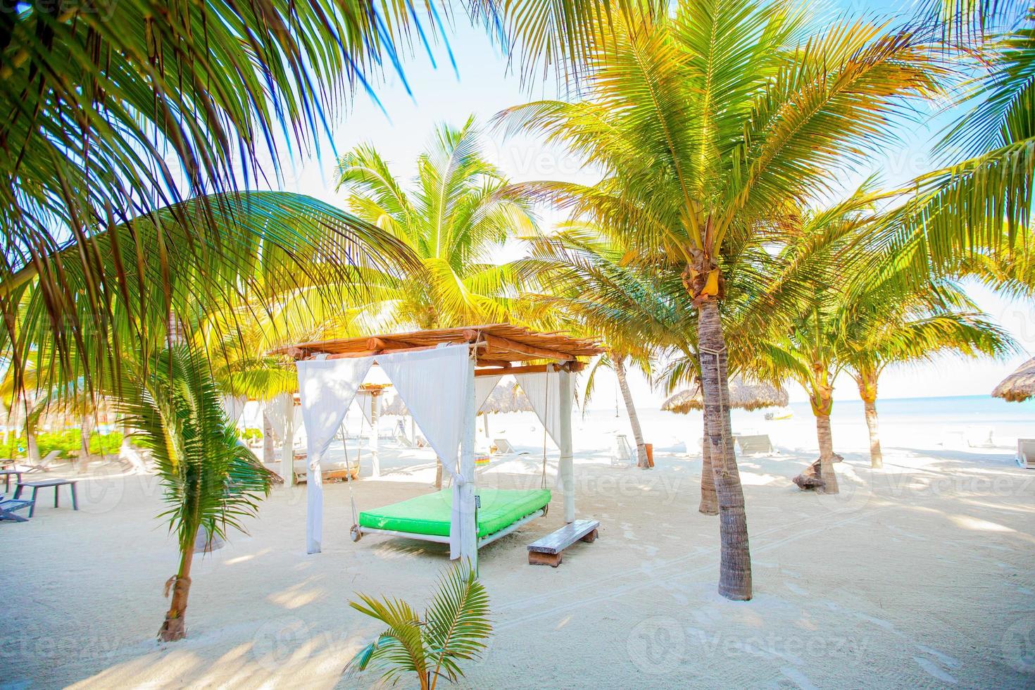 Paradise view of exotic tropical empty sandy beach with umbrellas and beach beds photo