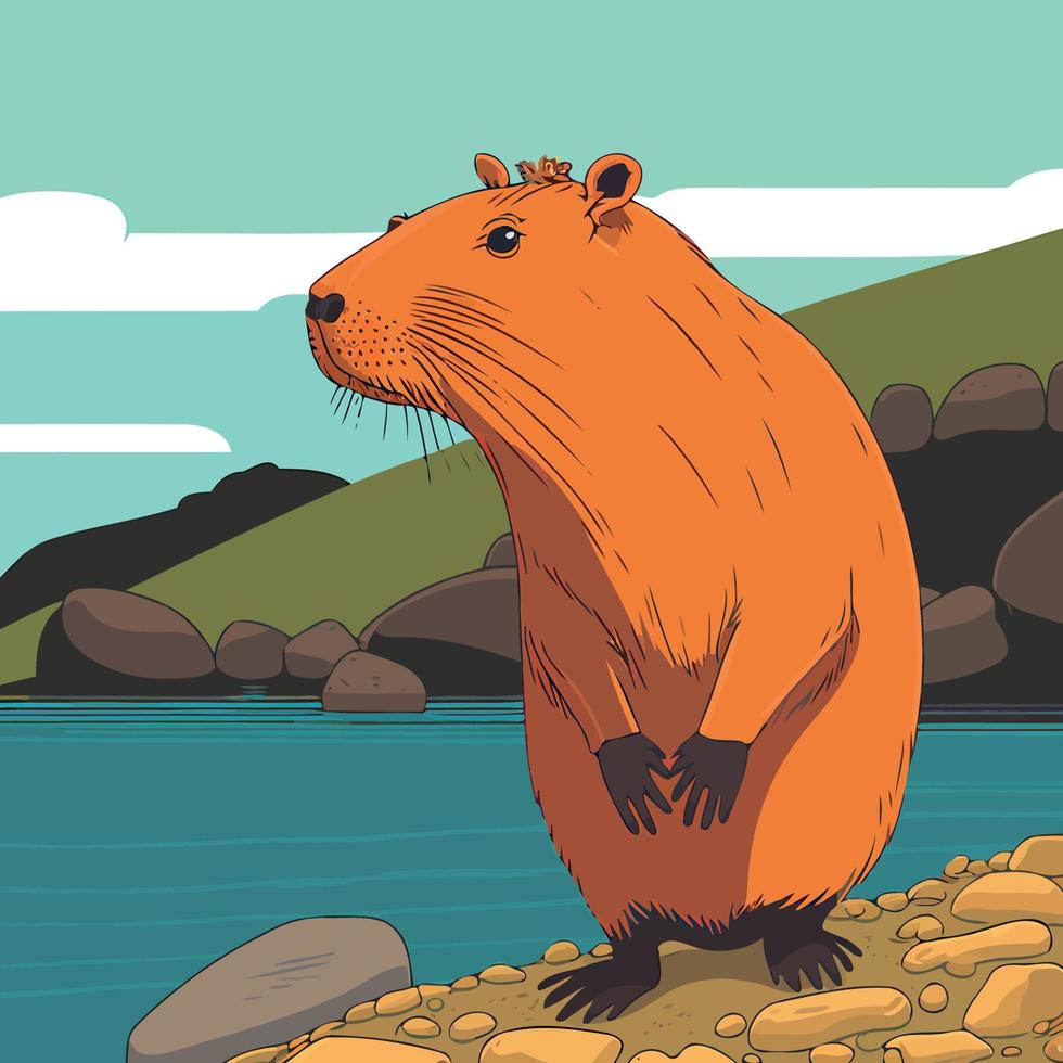 capybara mammal animal in nature on the edge of a river with stones on the ground vector