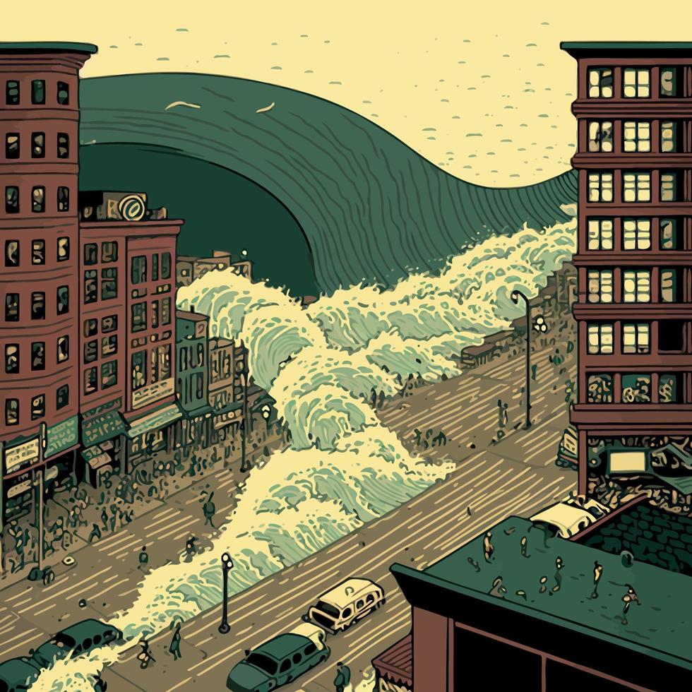 tsunami marino gigante destruyendo una ciudad vector