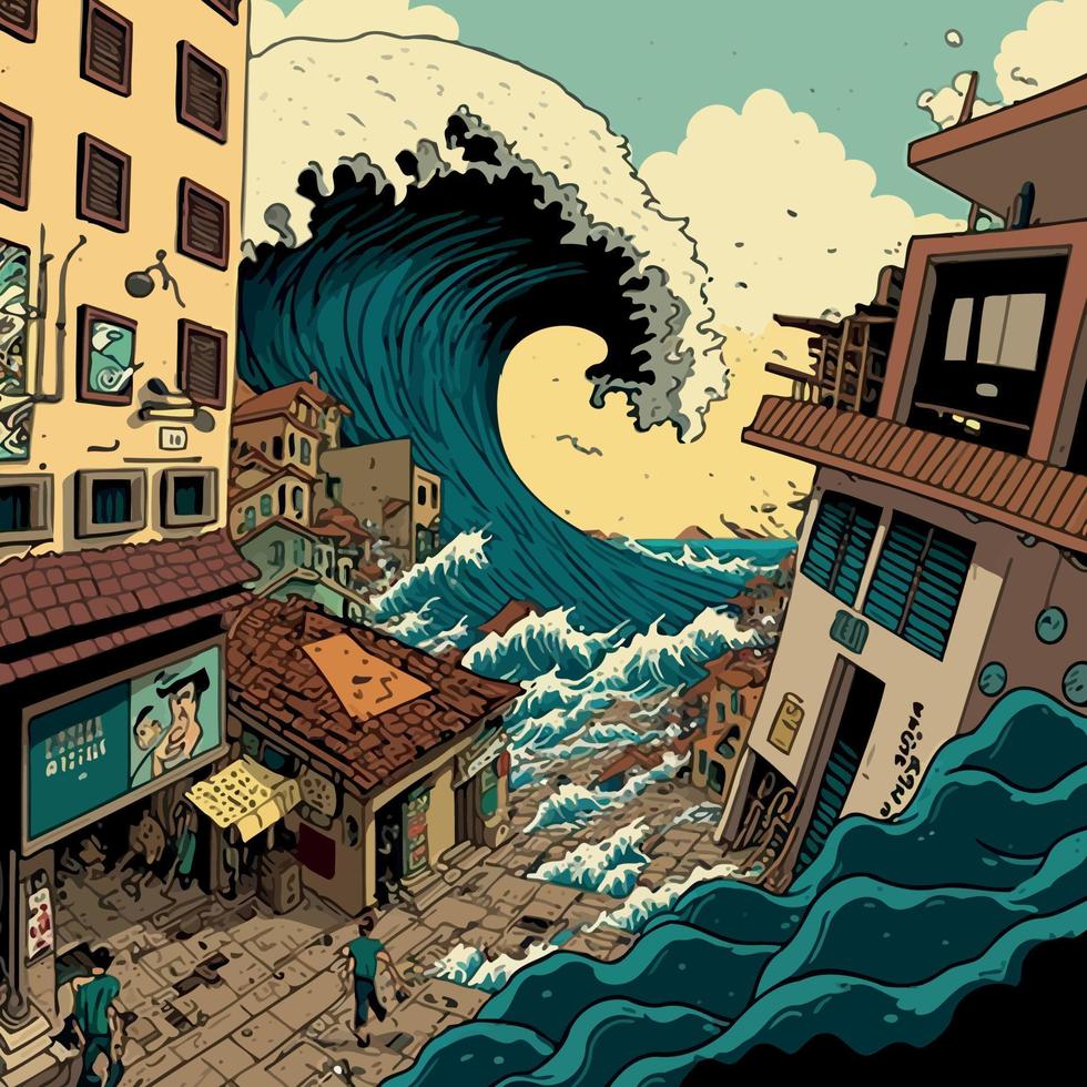 giant marine tsunami destroying a city vector