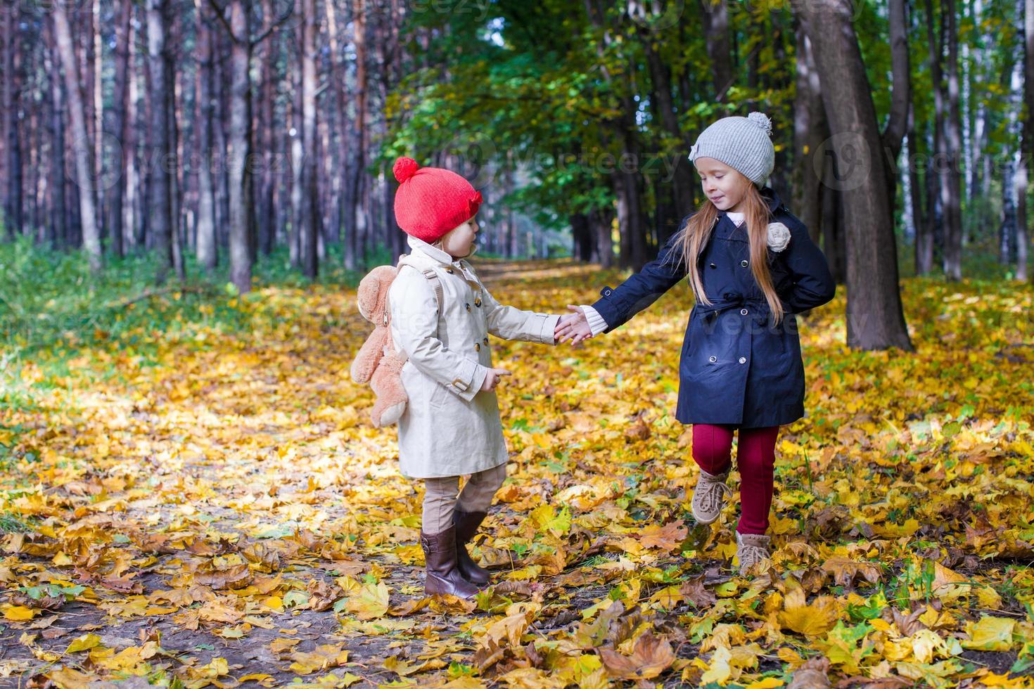 dos hermosas y adorables chicas caminando en el bosque de otoño en un cálido y soleado día de otoño foto