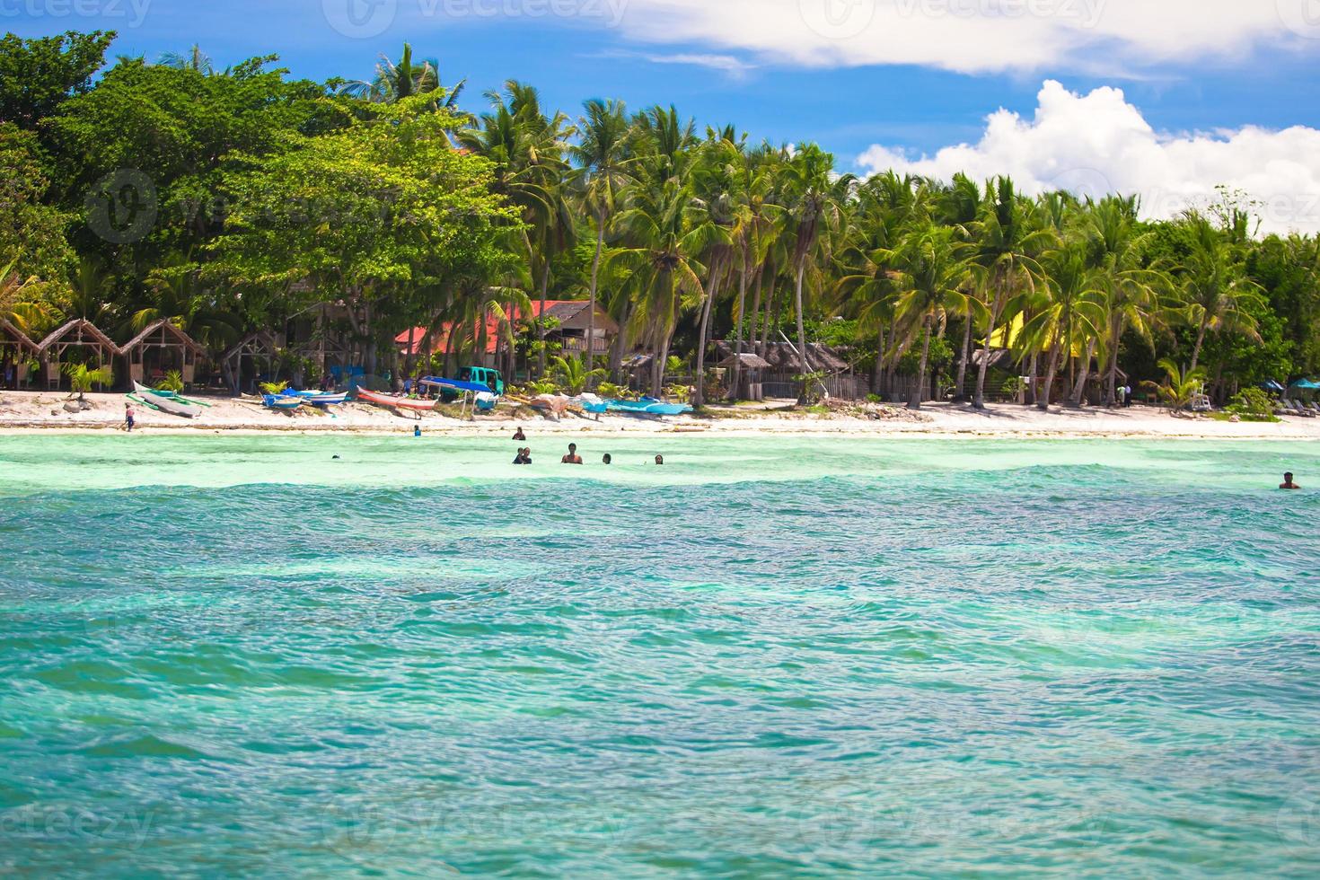 Panoramic view of perfect beach with green palms,white sand and turquoise water photo