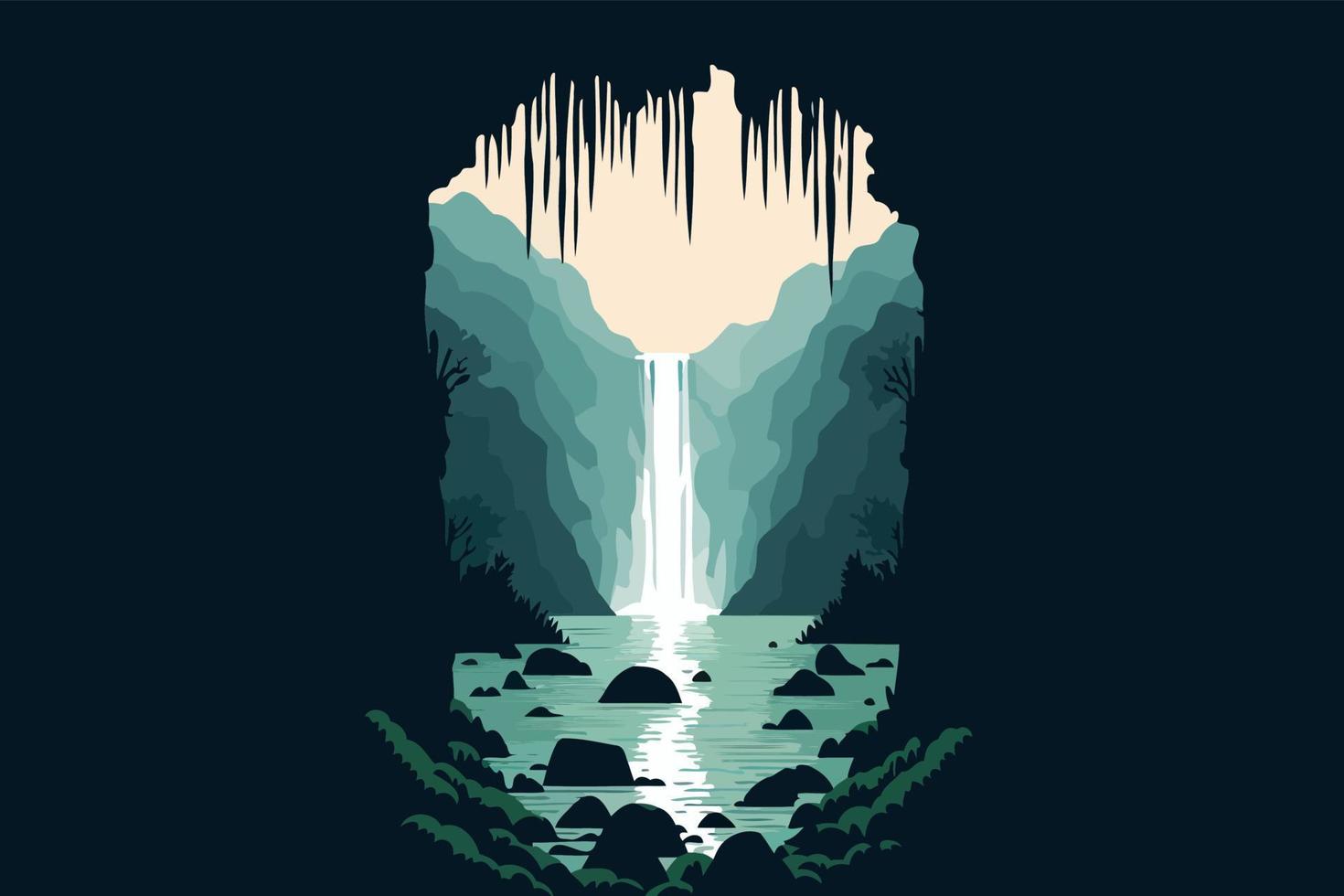 river with waterfall seen from a cave vector