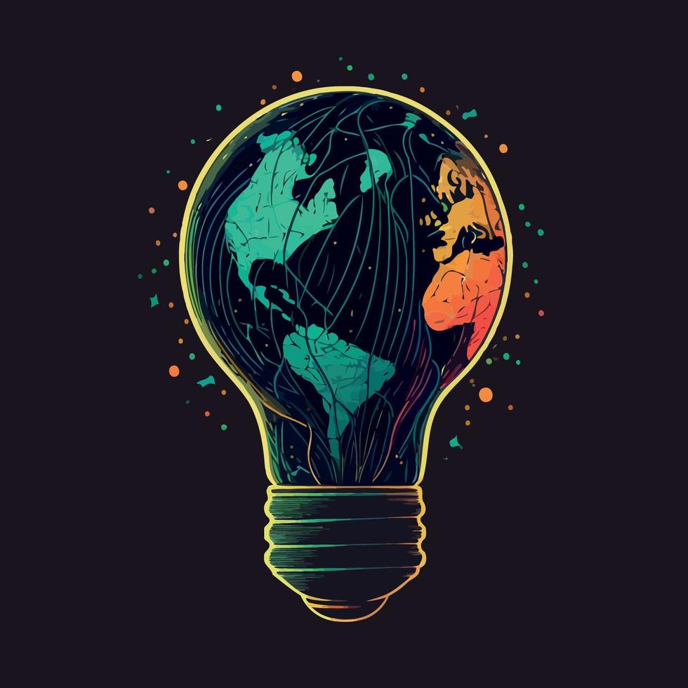 planet earth inside an electric light bulb bulb at night vector