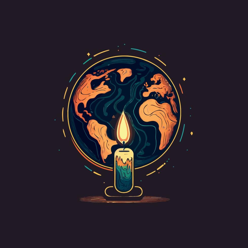 un globo terráqueo y una vela encendida para representar la campaña contra el cambio climático denominada hora del planeta vector