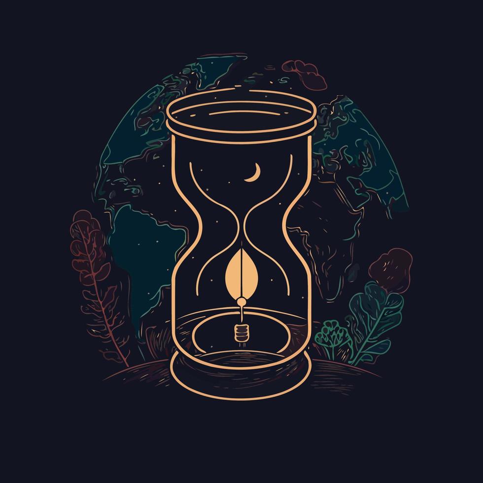 a globe at night and hourglass to represent the campaign against climate change called earth hour vector