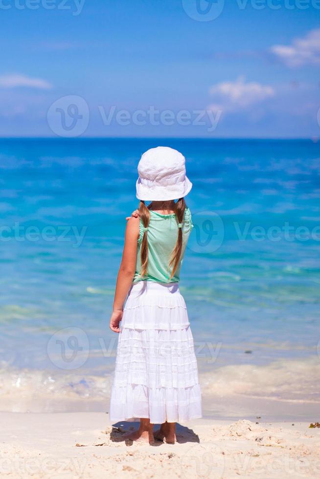 Back view of adorable little girl on an exotic beach photo