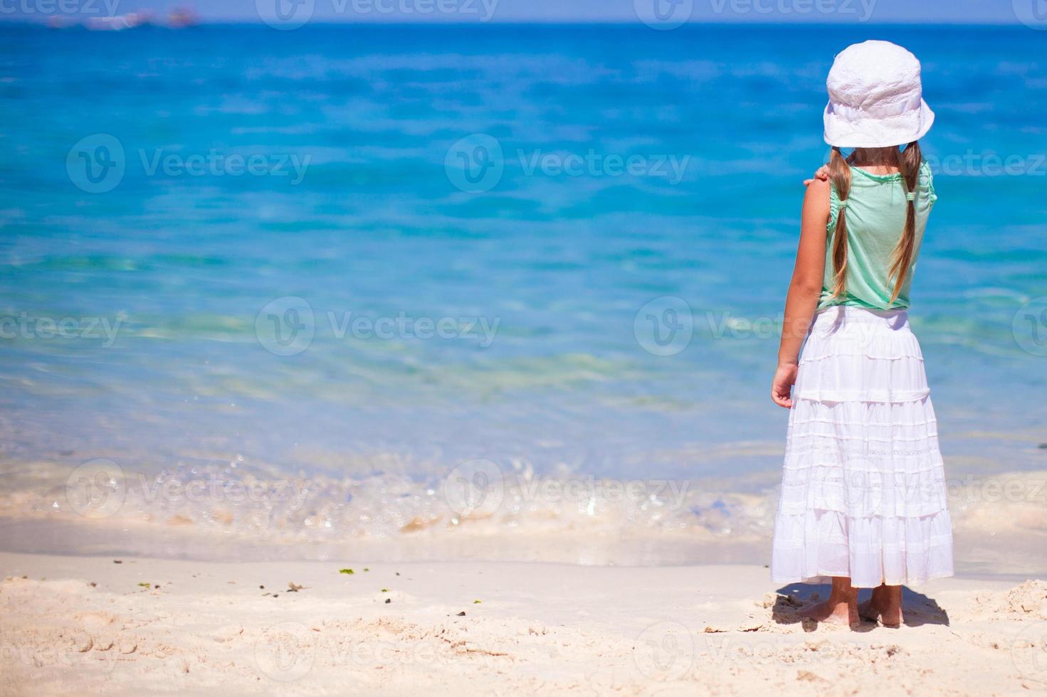 Back view of adorable little girl on an exotic beach photo